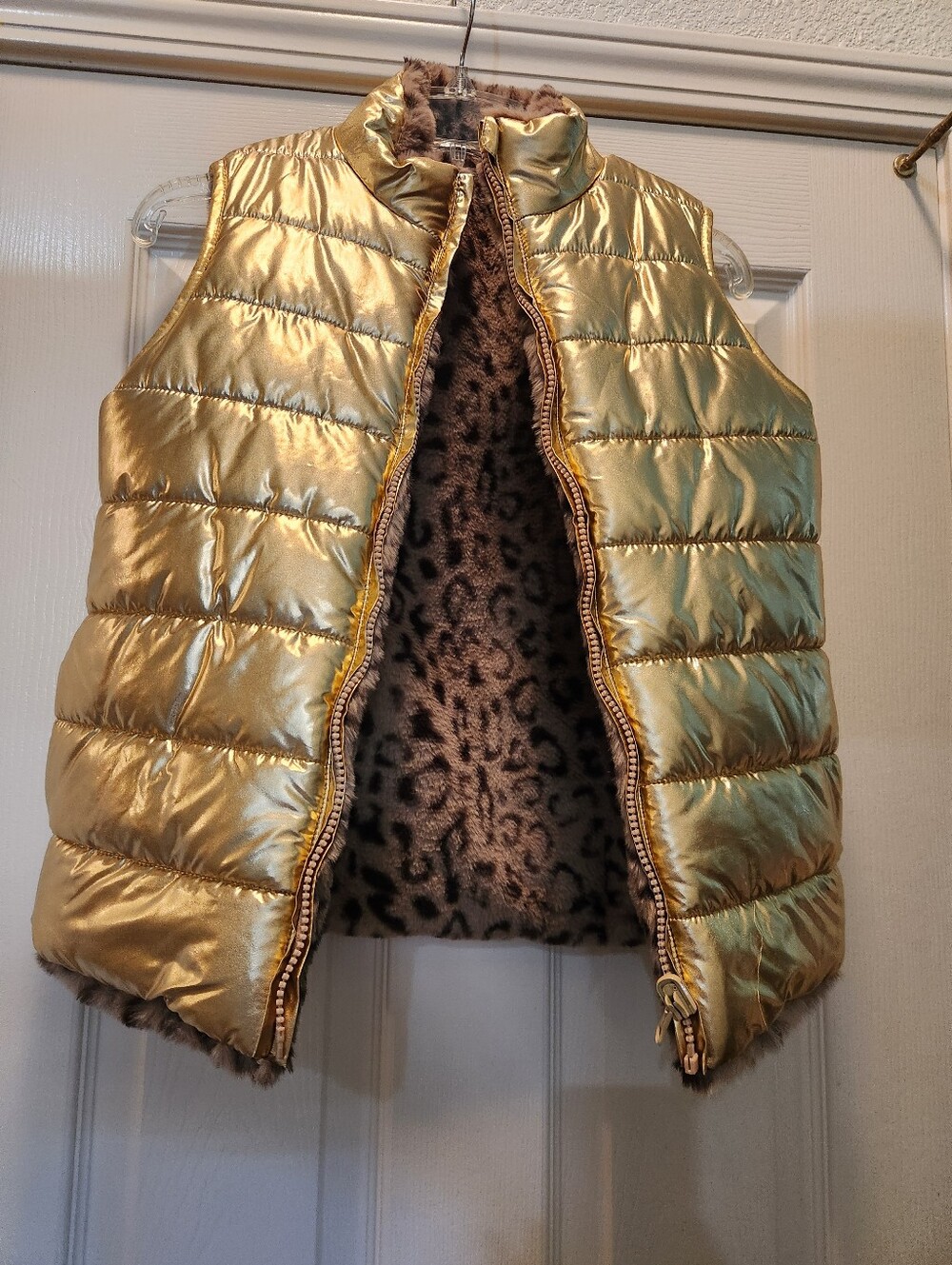 Epic Threads Child Large Reversible Faux Fur Puffer Vest Gold/Leopard.